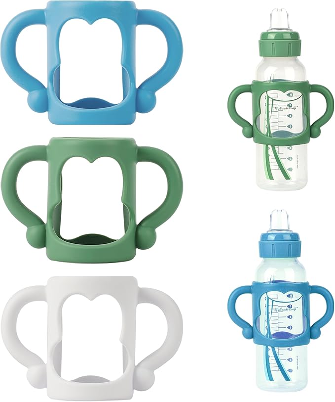 Bottle Handles for Dr. Brown's Narrow Baby, Wide-Neck, Removable Easy-Grip Transitional Sippy Cup Handles, 100% Silicone-BPA-Free Material, 4m+ (White, Green, Blue)