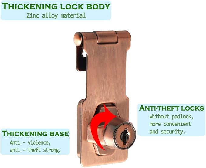 Alise Keyed Hasp Lock,3 Inch Safety Packlock Clasp Hasp Lock Latch with Lock,Door Hinge Lock with Keys Keyed Locking Hasp for Cabinets Closets Doors,Red Bronze
