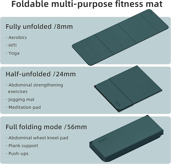 Foldable Yoga Mat Extra Thick 0.32 Inches Eco-Friendly POE Material, Non-Slip Design Fitness Mats, Multi-Purpose Workout Mats For Studio or Home Use (70 x 24 x 0.32 inches）