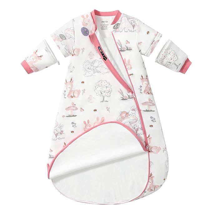 Baby Sleep Sack 3-6 Months, Cotton Detachable Long Sleeve Sleep Sack, 1.0 Tog Toddler Sleeping Sack with Temperature Strips, 2-Way Zipper Wearable Blankets for Newborns, Bunny