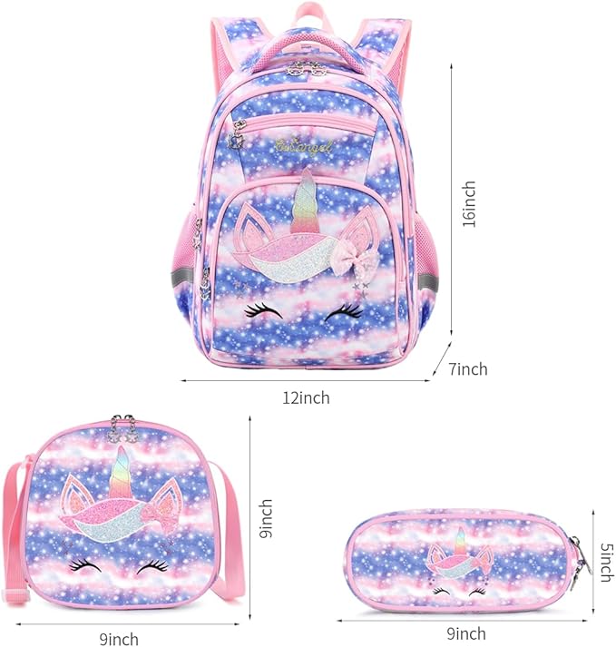 Cusangel Girls Backpack with Lunch Box Pencil Case,Cute Multi Compartment Preschool Elementary Primary Backpack for Girls Sky Unicorn 3pcs Backpack for Girls