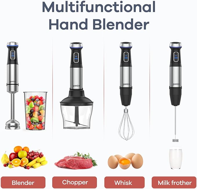 Ganiza Immersion Blender 5 in 1 Hand Blender Max 1000W Heavy Duty Motor, 16 Speed Mode Handheld Blender Stainless Steel Blade With 800ml Mixing Beaker, 600ml Chopper, Whisk and Milk Frother