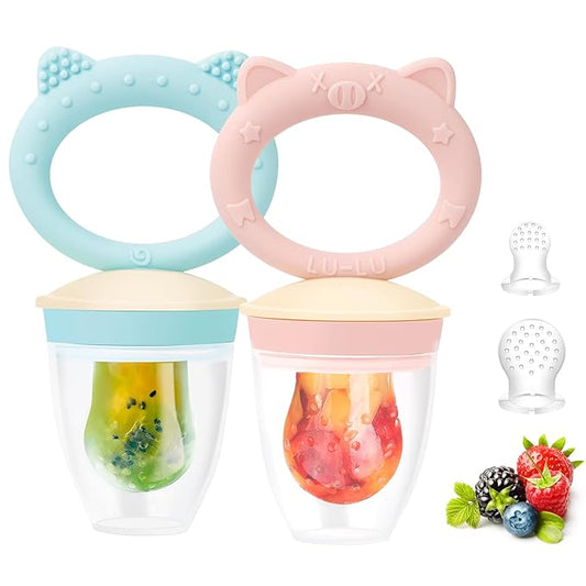 Baby Solids/Frozen Fruit Feeder Pacifier, Infant Teether Toy 4M+, BPA-Free Silicone Pouch & Nipple, Safely Introduce Solids, Teething Relief, 2-Pack (Pig Lulu - Blue Pink, S/M/L)