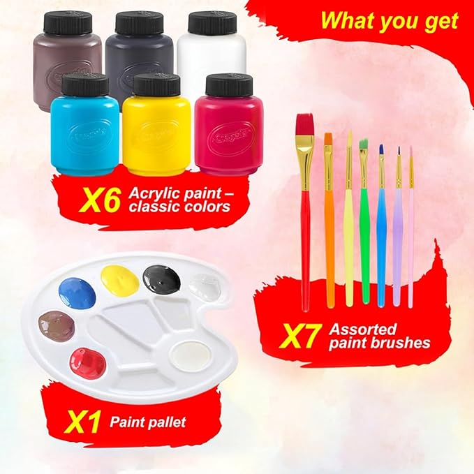Acrylic Paint Set for Kids Includes 6 Acrylic Paints, Painting Canvas, 7 Paintbrushes, Paint Pallet, Arts and Crafts for Kids Canvas Painting Supplies Bundle