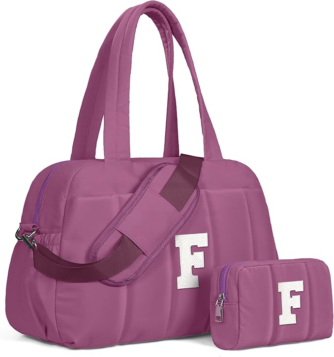 Duffle Bag with Initial, Spend The Night Bags for Women，Overnight Bag with Wet Pocket，Birthday Gift-Lightweight Travel Bags Personalized Gym Tote with Makeup Pouch