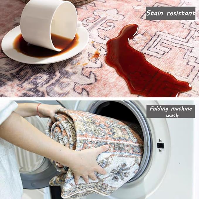 Area Rug 8x10 Washable Rug Orange Gray Vintage Traditional Mat Distressed Indoor Foldable Thin Retro Accent Floral Print Non Slip Carpet Living Room Dining Room Office