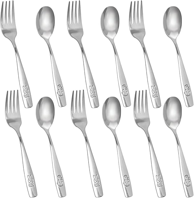 HAKSEN Stainless Steel Toddler Utensils Set, 12PCS Kids Safe Forks and Spoons with Bunny and Puppy Motifs, Mirror Polished & Dishwasher Safe