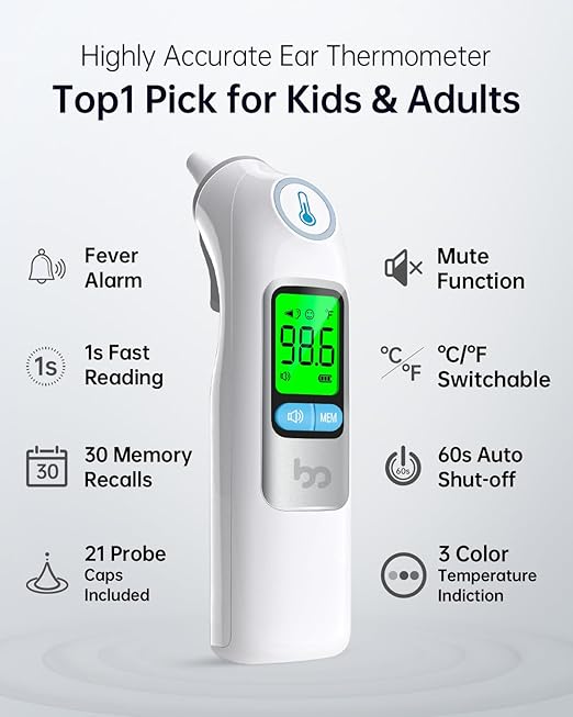 femometer Infrared Ear Thermometer for Adults & Kids, Highly Accurate, 1s Result, 30 Memory Recall, 3-Color Fever Alarm, with 21 Disposable Probe Covers & Storage Case