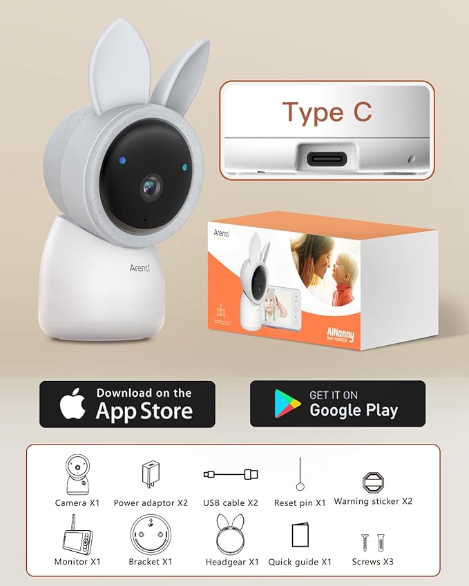 ARENTI Baby Monitor 2 Cameras, 2K Video Baby Camera with 5-Inch Upgraded Wireless Display, Super Night Vision, Lullabies, Cry & Motion Detection, Temp & Humidity Sensor, Two Way Audio