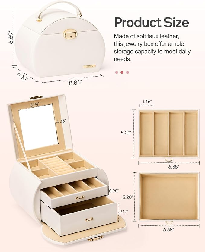 Homde Girls Jewelry Box Jewelry Storage Case Organizer with Mirror for Rings, Earrings, Bracelets, Necklaces (White + Gold)