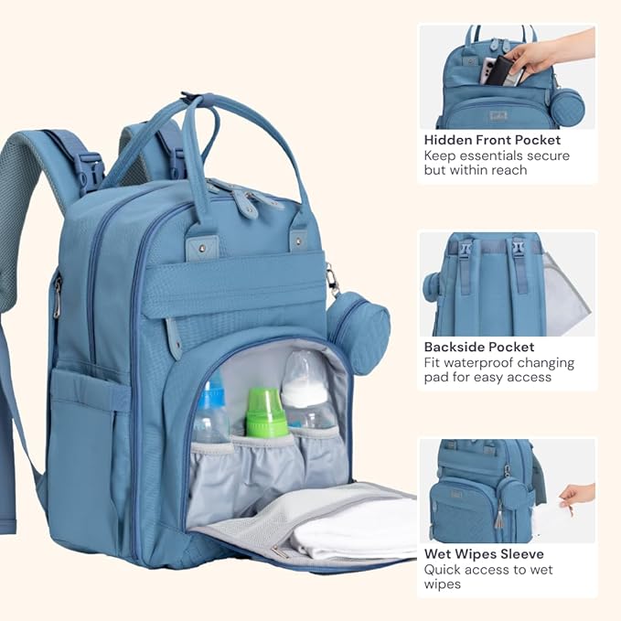 BabbleRoo Diaper Bag Backpack - Baby Essentials Travel Tote - Multi function Waterproof Diaper Bag, Travel Essentials Baby Bag with Changing Pad, Stroller Straps & Pacifier Case - Unisex, Light Blue