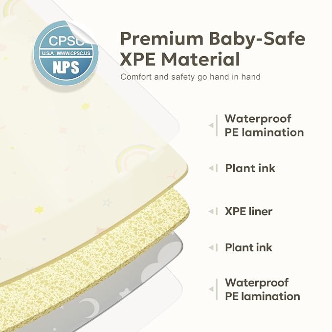 Extra Large Foldable Play Mat, Reversible Baby Play Mat with Edge Reinforcement, Non-Toxic & Waterproof Baby Mat for Floor, Foam Playmat with Travel Bag, Rainbow, Cloud & Moon, 79"x71"