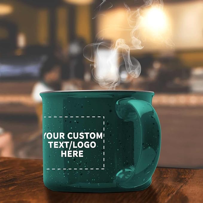 DISCOUNT PROMOS Custom Ceramic Campfire Coffee Mugs 13 oz. Set of 10, Personalized Bulk Pack - Perfect for Tea, Espresso, Cappuccino, Hot Cocoa - Green
