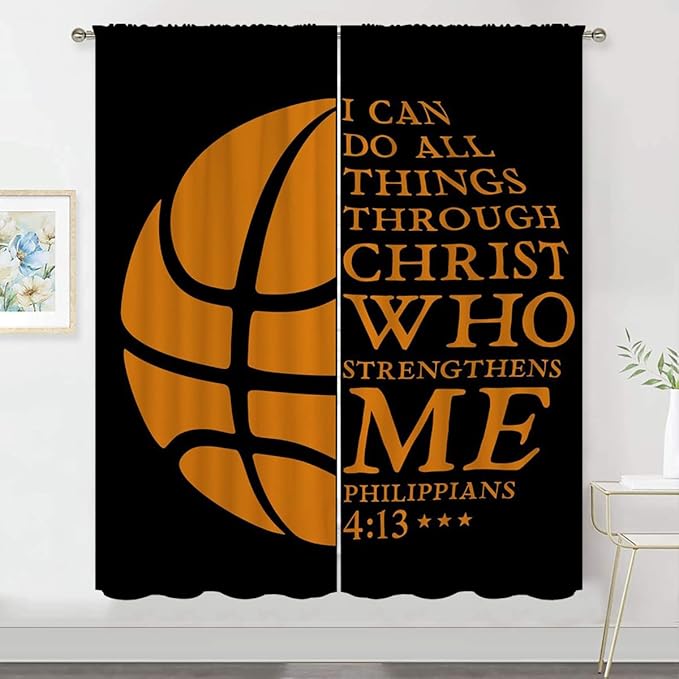 Basketball Blackout Curtains for Boy Girl Room Darkening Decor,Sport Theme and Motto Dark Background Bedroom Living Room Home Rod Pocket Thermal Insulated Window Curtain/Drapes Panel,84x84 Inch…