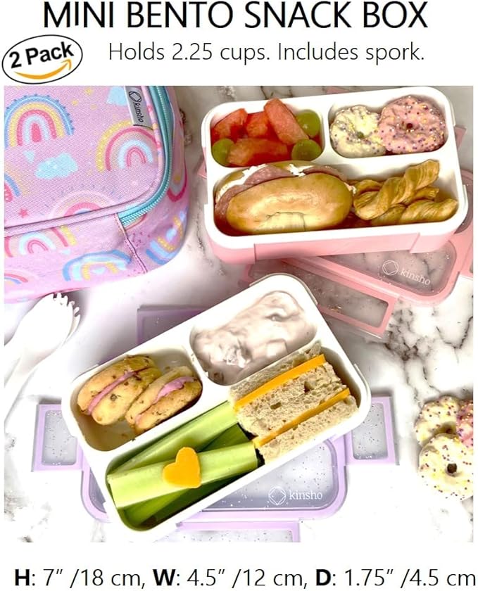 Kids Glitter Snack Container - Mini Bento Lunch-Box, Small Leakproof Container Boxes for Toddlers Girls Snacks Lunches, 3 Compartment - School Daycare Portion Containers, Pink Purple Sparkle Set of 2