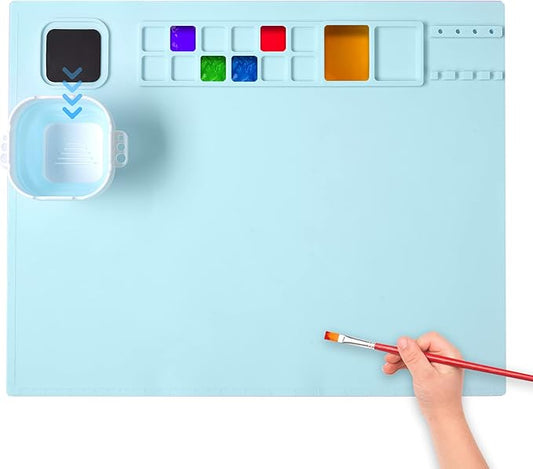 AWOKE Silicone Painting Mat - 20"X16" Silicone Art Mat with 1 Water Cup for Kids - Craft Mat has12 Color Dividers - 2 Paint Dividers (Blue),Toddler Activities,3 4 5 Year Old Girl Boy Birthday Gifts