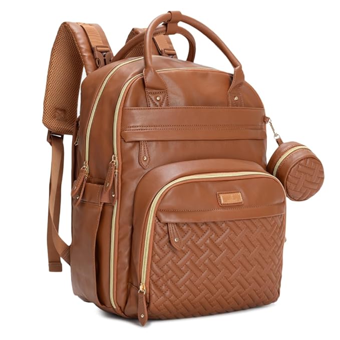 BabbleRoo Leather Diaper Bag Backpack - Baby Essentials Travel Baby Bag, Multi function, Waterproof, with Changing Pad, Stroller Straps & Pacifier Case – Unisex, Natural Brown