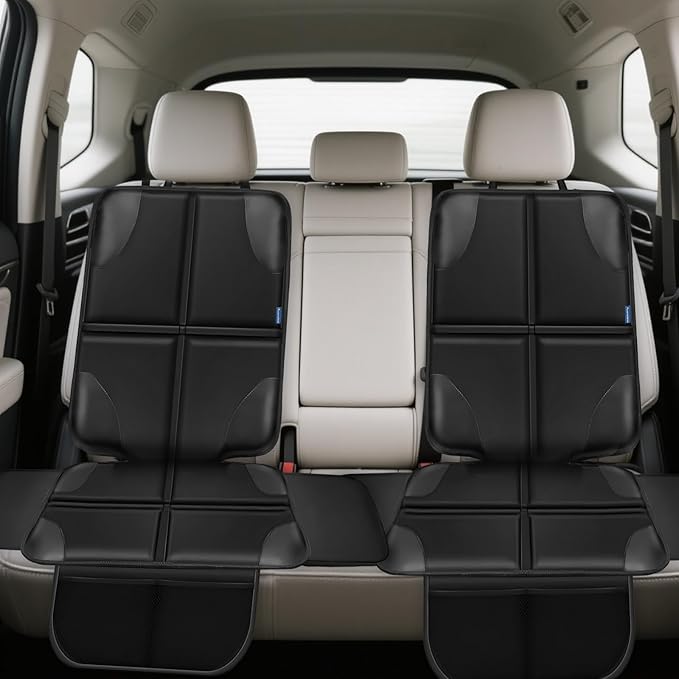 Car Seat Protector, Child Carseat Covers, Protector Car Seat for Baby with Thickest Padded and Non-Slip Waterproof Backing Mesh Pockets for Kids Pets-2 Pack