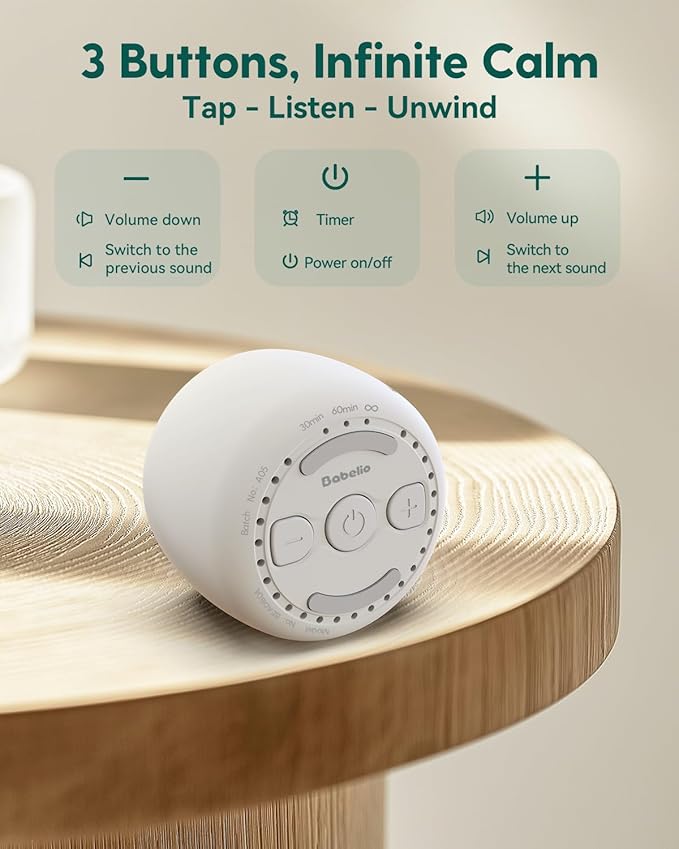 Babelio White Noise Sound Machine for Adults Kids Baby, Travel Sound Machine for Sleep, Mini and Portable, 15 Non-looping Sounds, Timer, Memory Function, Easy to Pocket and Travel White