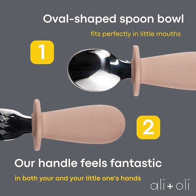 Ali+Oli Spoon & Fork Learning Set for Toddlers (Powder Pink) 6m+ Grab Easy BPA Free Food-Grade Silicone Handle, Kids Silverware Self Feeding Baby Utensil, Multi-stage Baby Feeding Set Ergonomic Design