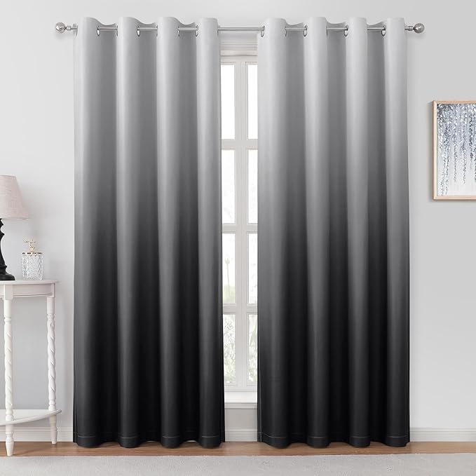HOMEIDEAS Black Ombre Blackout Curtains 52 X 96 Inch Length Gradient Room Darkening Thermal Insulated Energy Saving Grommet 2 Panels Window Drapes for Living Room, Bedroom