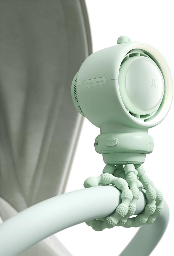 JISULIFE Stroller Fan Baby Large, Safe Bladeless for Crib, Desk, Portable Battery Rechargeable Cooling Fan with Air Turbo Tech, LED Display, Night Light, Food-Grade Gift for Mom/Dad/Friend - Green