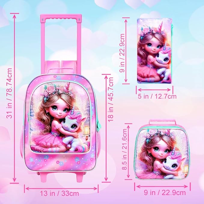 gxtvo Girls Rolling Backpack, Cute Unicorn Roller Wheels Kids Bookbag - Wheeled Elementary School Bag