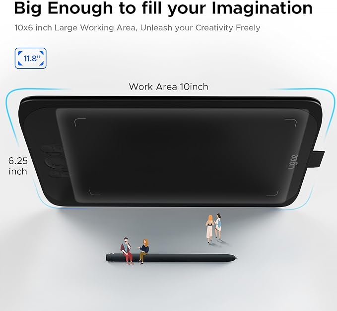 Drawing Tablet,UGEE M808 10x6 Inch, 8192 Levels Pressure, Battery-Free Stylus, 8 Shortcut Keys, Digital Art Tablet for Drawing, Design, Online Teaching, Mac/Windows/Chrome Os/Android, Black