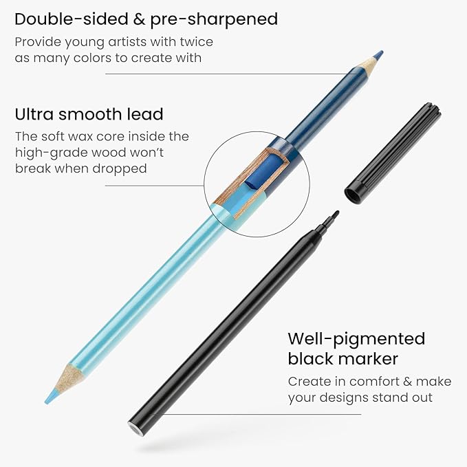 Arteza Kids Activity Book, Color by Numbers Coloring Book, 8.5 x 11 Inches, School Supplies for Ages 6 and Up, 50 Sheets, 12 Double-Ended Colored Pencils, Black Marker, Eraser, Sharpener