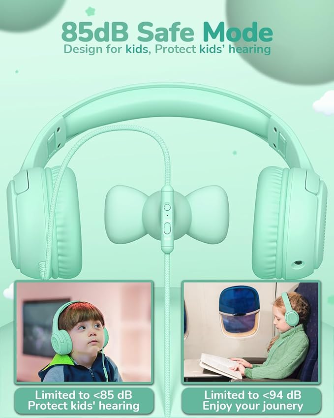 Kids Headphones for School Toddler Wired with Microphone Plug in Bulk Boys Headset Girls 3+ Year Old Green