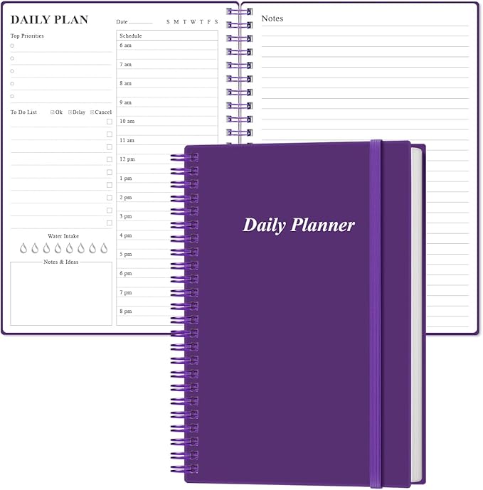 Daily Planner Undated - A5 To Do List Notebook Hourly Schedules, Spiral Appointment Planner for Women and Men, PVC Hardcover, Inner Pocket, Elastic Closure, 5.8" x 8.3", Purple