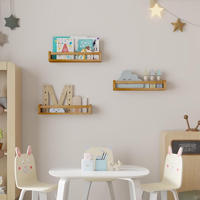 Heimlove Nursery Floating Shelves, Nursery Book Shelves for Wall, 16 inch Wall Bookshelf for Kids Solid Wood Wall Mounted Shelves for Books,Toys and Decor Storage, Set of 2