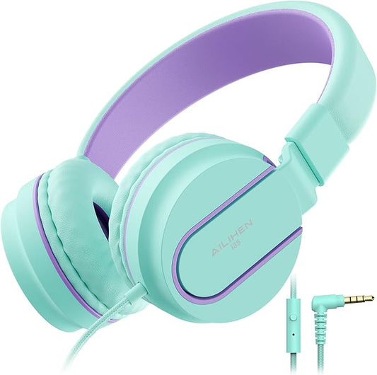 Kids Headphones, AILIHEN I35 On-Ear Headphones for School, 93dB HD Mic Stereo Headphone for Kid Girls Children, Foldable Wired 3.5mm for Chromebook, Laptop, Computer, Tablet (Green Purple)