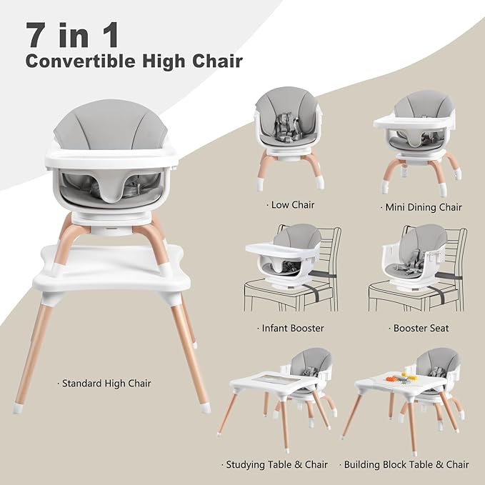 Baby High Chair, 7 in 1 Convertible High Chairs for Babies and Toddlers, Kids Learning Table, Building Block Table, Toddler Dining Chair with 360° Rotating Seat, 5-Point Safety Harness (Grey)