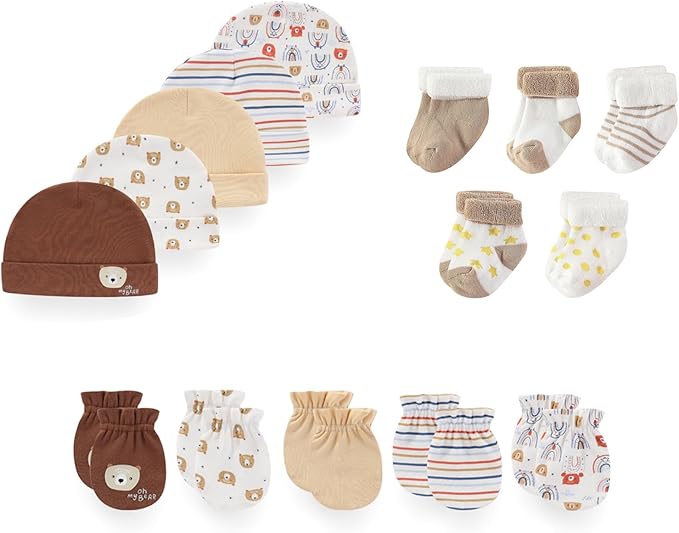 15 Pack Unisex New Born Boy Girls Hats Mittens Socks Sets Cotton Soft Infant Accessory 0-6 Months Baby Essentials