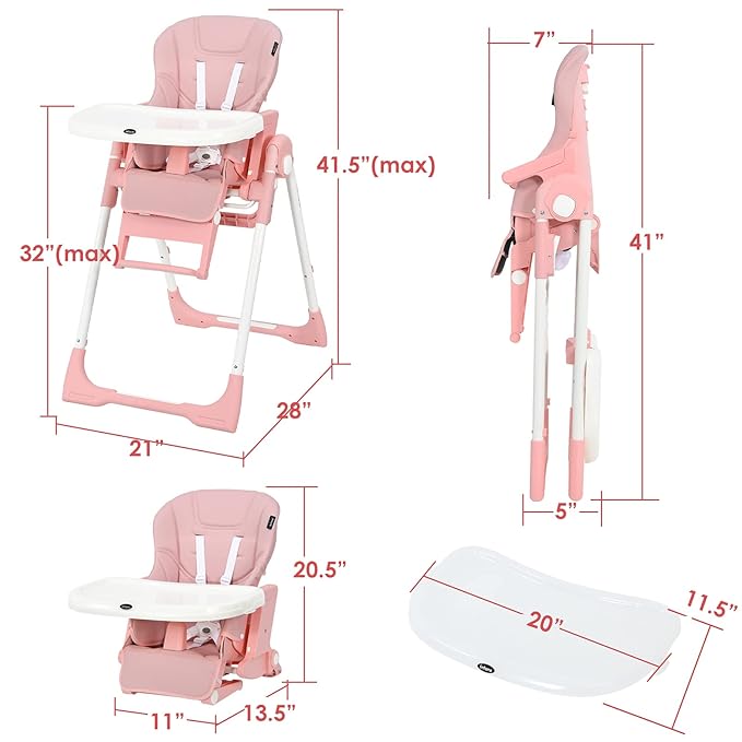 INFANS 4 in 1 High Chair–Booster Seat, Convertible Highchair w/Adjustable Height and Recline,Removable Tray,DetachableCushion, Installation-Free,Simple Fold for Baby, Infant& Toddler (Pink)