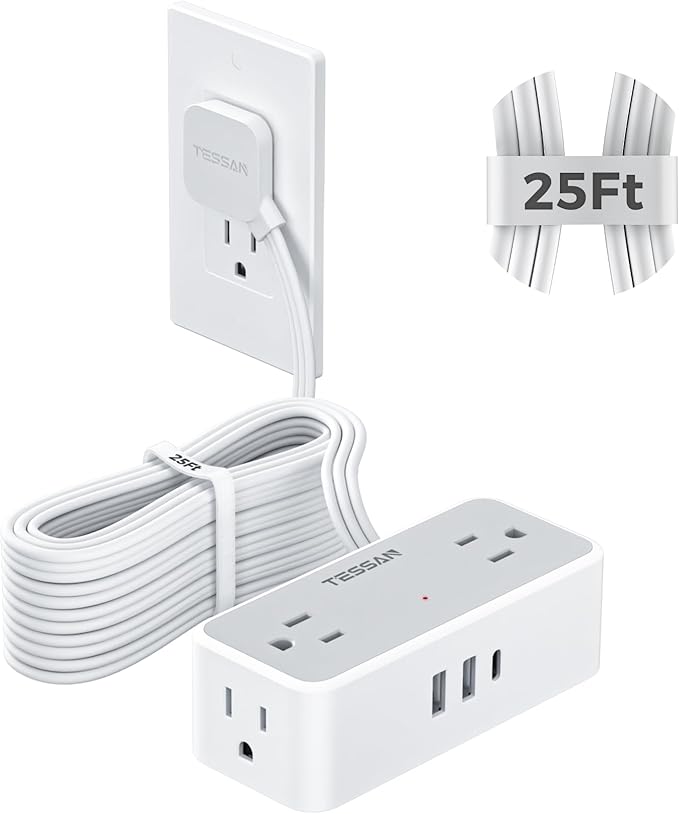 Flat Plug Extension Cord 25 ft, TESSAN Surge Protector Power Strip with 4 AC Outlets 1 USB C and 2 USB A Ports, 900 Joules Protection, Multiple Wall Outlet Extender for Home Office Dorm Essentials