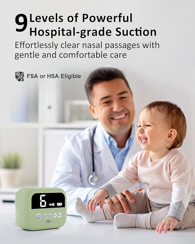 HEYVALUE Nasal Aspirator for Baby, Hospital Grade Nose Sucker with 9 Levels Suction, Night Light and Nursery Rhyme Soothing, Electric Nose Suction for Baby with Food-Grade Silicone Tips Green