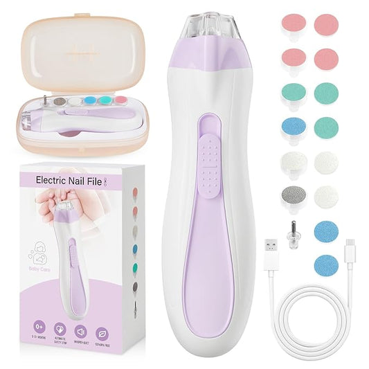 Baby Nail Trimmer Electric, 15 in 1 Baby Nail Clippers for Gentle Nail Care, Rechargeable Baby Nail File Electric with Light &15 Grinding Pads for Infant Toddler, Purple