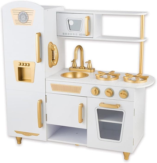 Kitchen Playset for Kids Ages 3-8, Wooden Pretend Play Kitchen with Realistic Sounds, Including Telephone, Ice Maker, Refrigerator, Dimensions: 35” H x 31” W x 12” D (White)