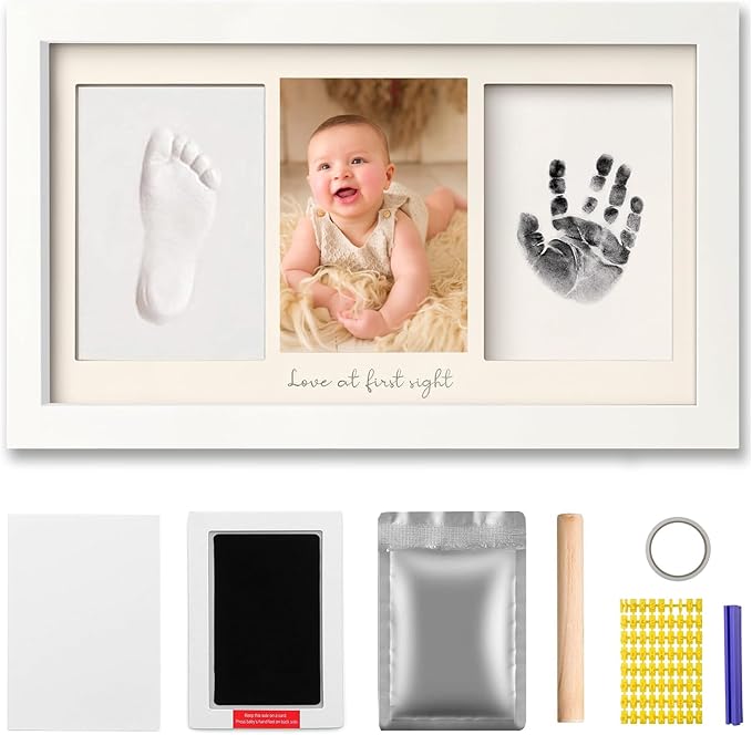 Baby Hand and Footprint Kit Keepsake Nursery Decor Picture Frame for New Mom Baby Boys Girls Shower Gifts Personalized Inkless & Clay Handprint Newborn Essentials Must Haves (White)