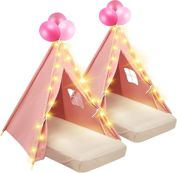 2 Pack Kids Teepee Tent with Mattress,Fitted Sheet,Light String,Washable Natural Cotton Toddler Play Tent for Girls Boys Indoor Outdoor Sleepover Slumber Birthday Party(Pink)