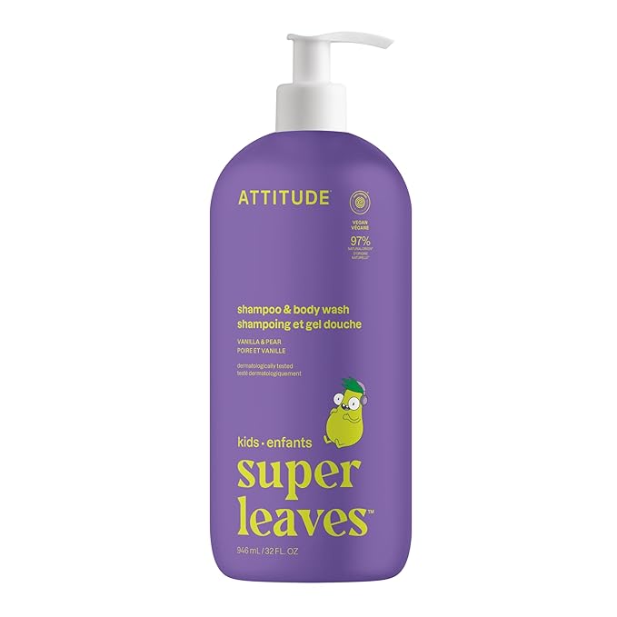 ATTITUDE Shampoo and Body Wash for Kids, EWG Verified Hair and Body Cleanser, Dermatologically Tested Soap, Plant and Mineral Based Bath Products, Vegan, Vanilla and Pear, 32 Fl Oz
