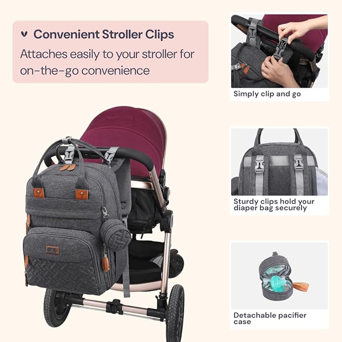 BabbleRoo Diaper Bag Backpack - Baby Essentials Travel Tote - Multi Function Waterproof Diaper Bag, Travel Essentials Baby Bag with Changing Pad, Stroller Straps & Pacifier Case - Unisex, Dark Gray