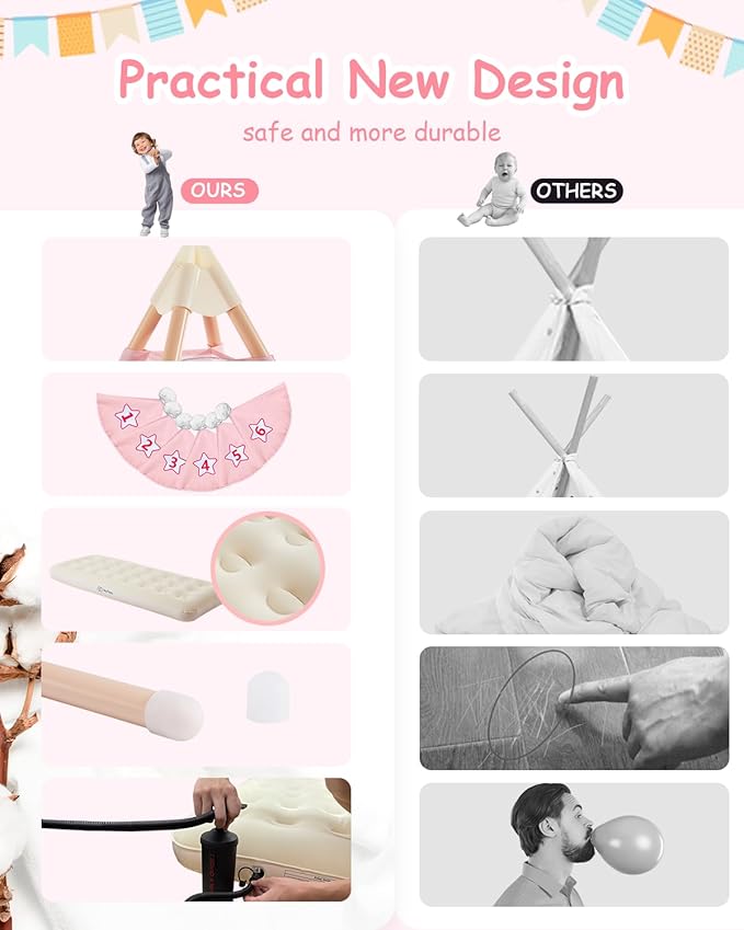 6 Pack Teepee Tent for Kids with Inflatable Airbed, Light, Toddler Tent Children Room Tents, Slumber Party Sleepover Tents, Indoor Outdoor Kids Playtent Playhouse for Girls & Boys