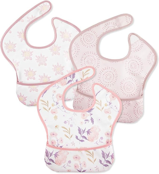 Mess Proof Baby Bib 3 Pack, Waterproof Led Weaning Baby Feeding Bibs with Food Catcher, Travel Feeding Bibs