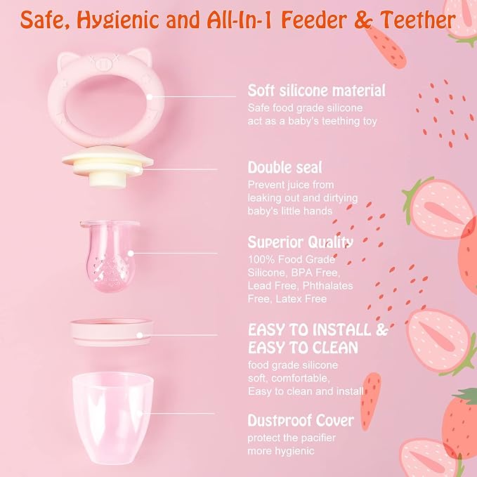 Baby Solids/Frozen Fruit Feeder Pacifier, Infant Teether Toy 4M+, BPA-Free Silicone Pouch & Nipple, Safely Introduce Solids, Teething Relief, 2-Pack (Pig Lulu - Blue Pink, S/M/L)