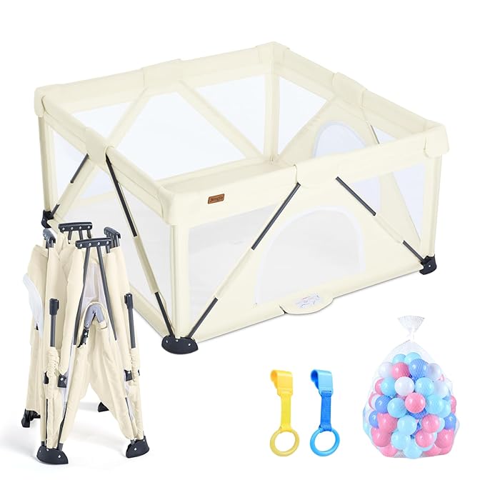 Baby Playpen Foldable, Playard for Babies and Toddlers, Portable Playpen Activity Center with 50 Balls+2 Handles for Travel, Indoor & Outdoor Play Pen with Mesh 50''x50''