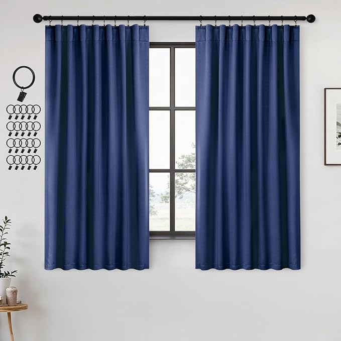 ANRODUO Back Tab Blackout Curtains for Bedroom Living Room, Rod Pocket Pinch Pleated Thermal Insulated Room Darkening Curtains 54 Inches Long 2 Panels, Navy Blue, 42 x 54 Inch