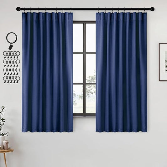 ANRODUO Back Tab Blackout Curtains for Bedroom Living Room, Rod Pocket Pinch Pleated Thermal Insulated Room Darkening Curtains 72 Inches Long 2 Panels, Navy Blue, 42 x 72 Inch
